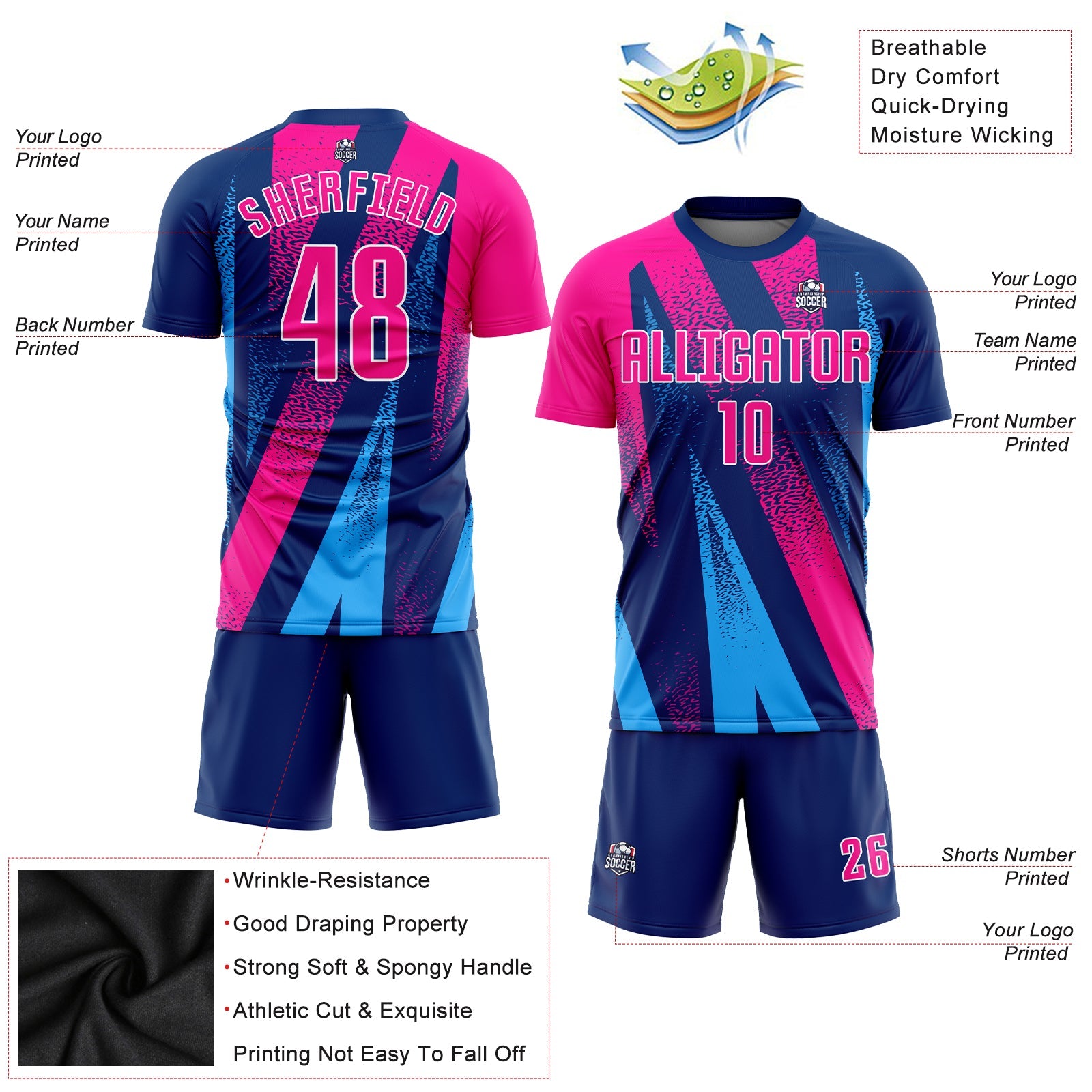 Custom Figure Pink-Royal Sublimation Soccer Uniform Jersey - Sky-Custom