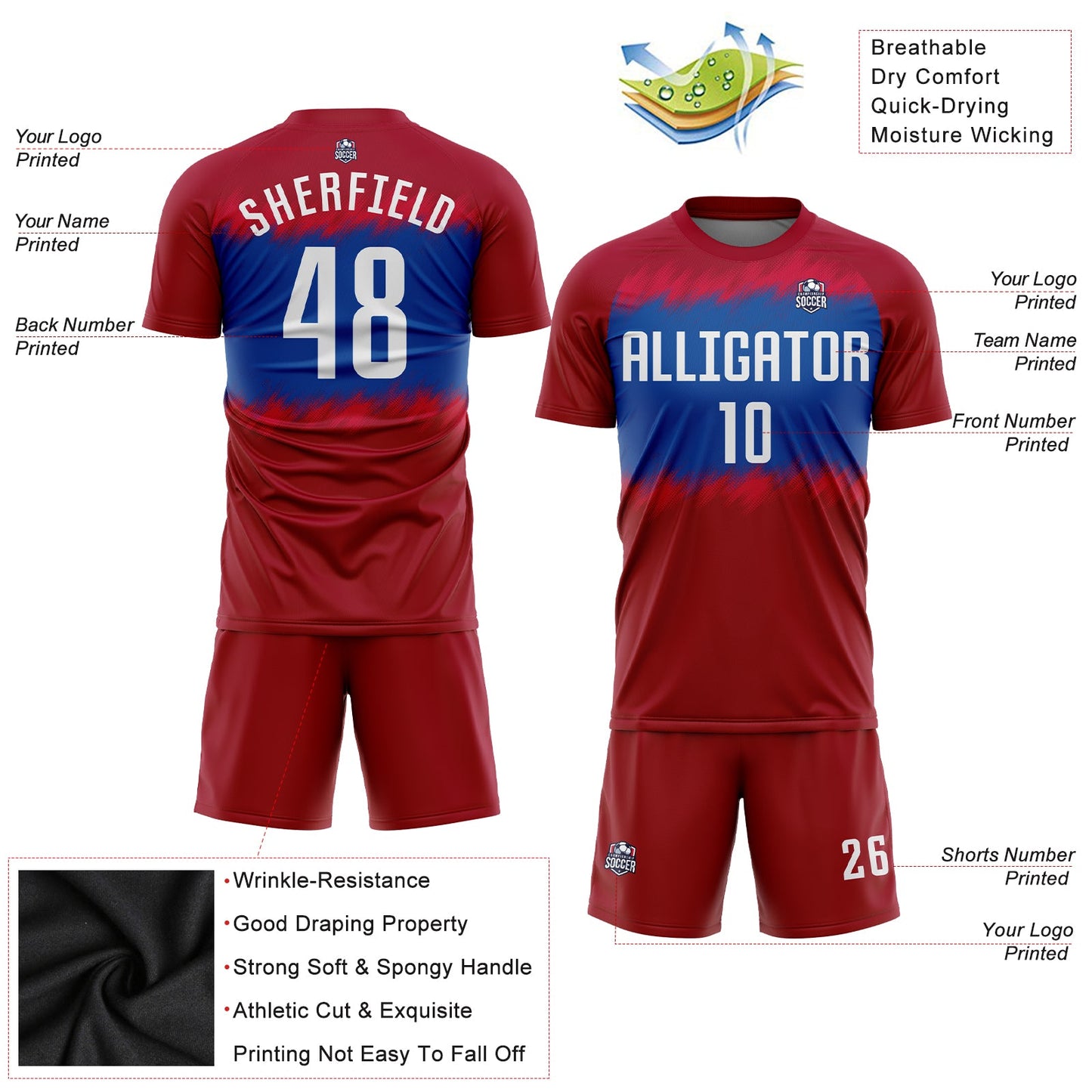 Custom Crimson White-Royal Sublimation Soccer Uniform Jersey - Sky-Custom