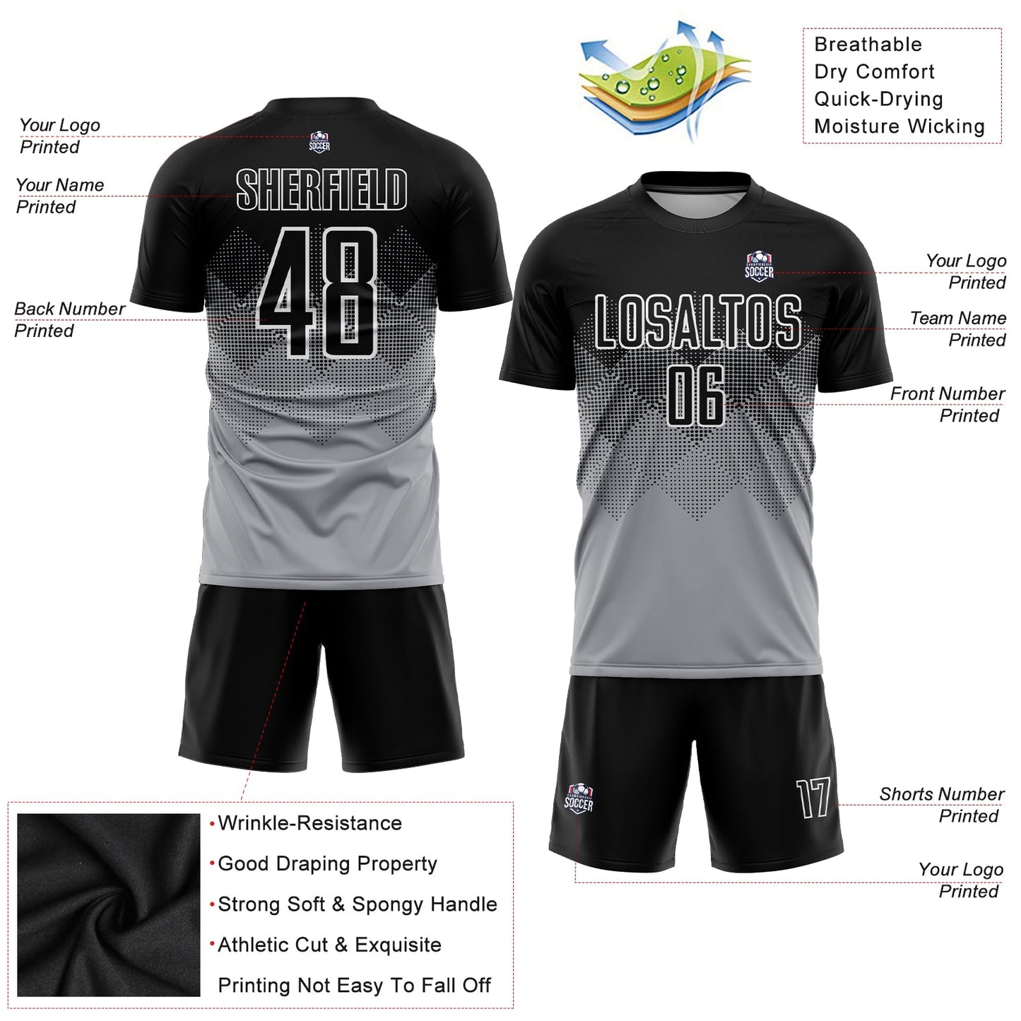 Custom Light Gray Black-White Sublimation Soccer Uniform Jersey - Sky-Custom