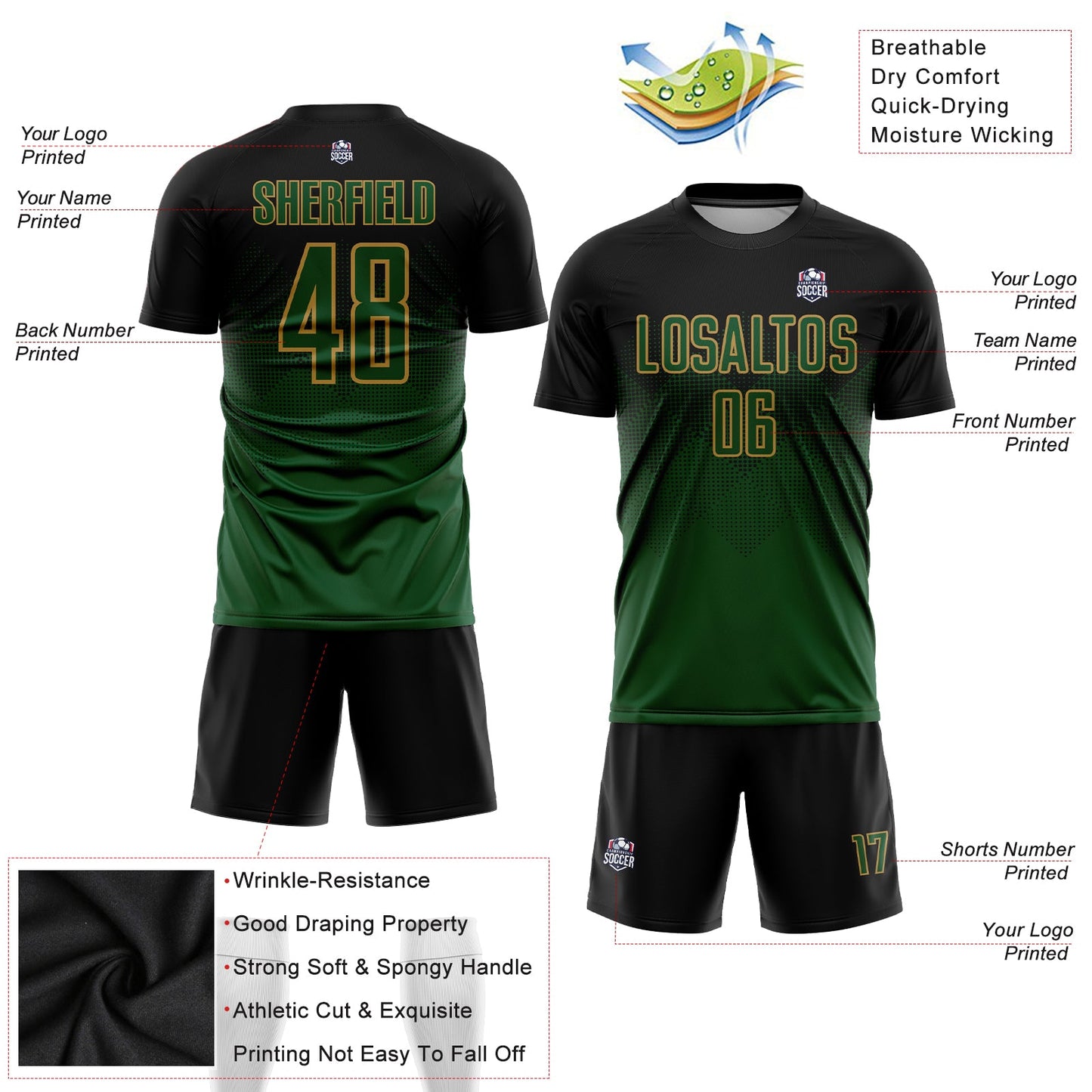 Custom Black Green-Old Gold Sublimation Soccer Uniform Jersey - Sky-Custom