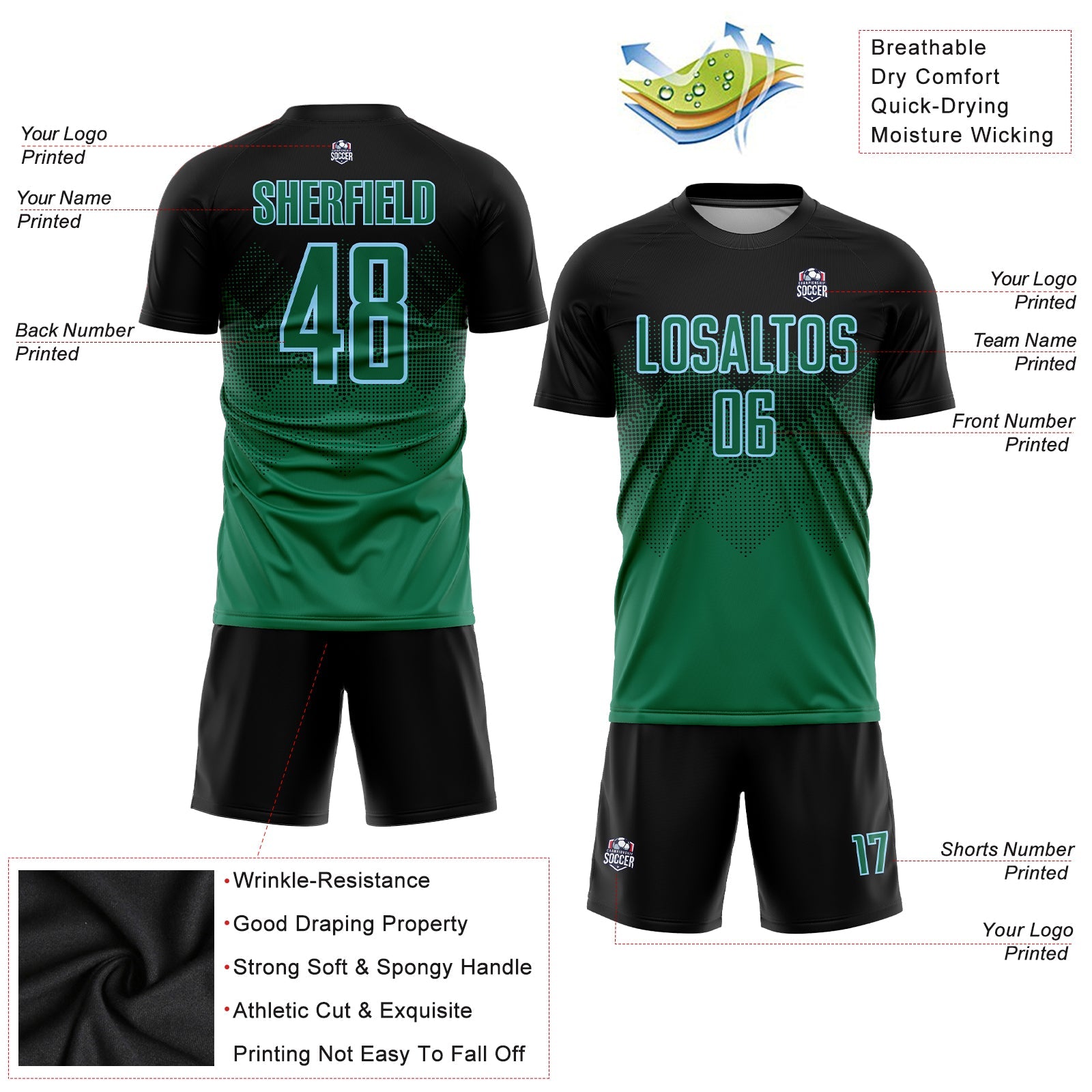 Custom Black Kelly Green-Light Blue Sublimation Soccer Uniform Jersey - Sky-Custom