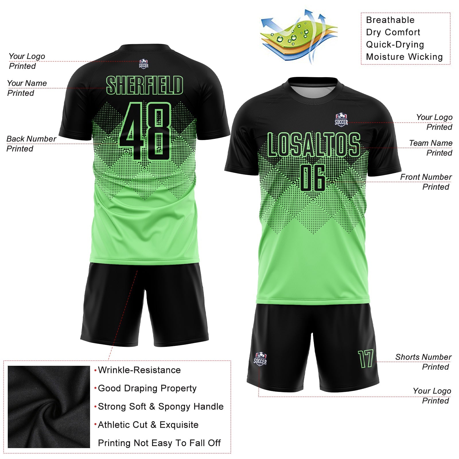 Custom Pea Green Black Sublimation Soccer Uniform Jersey - Sky-Custom