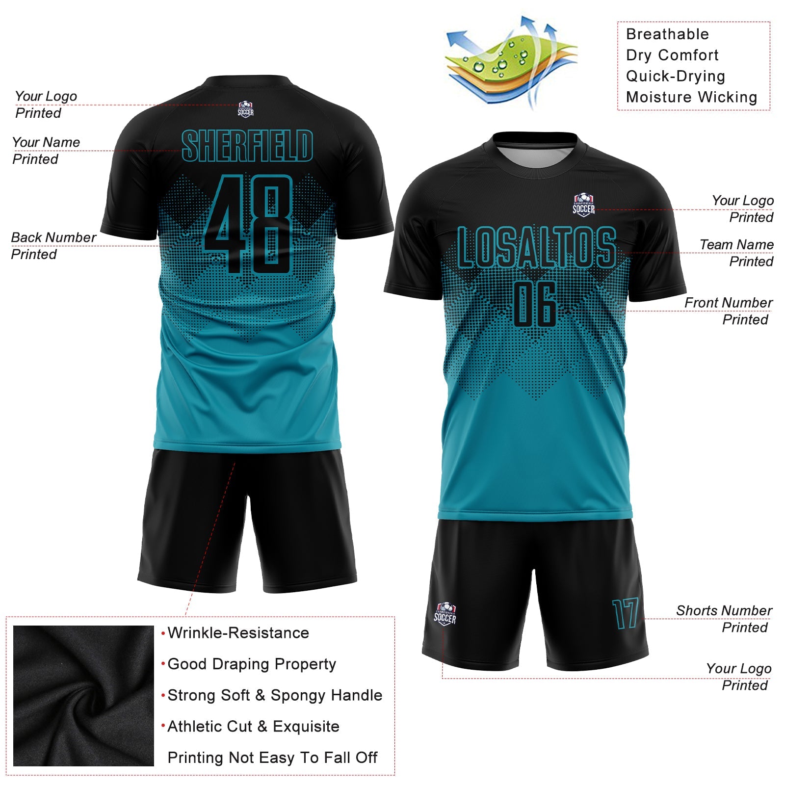 Custom Teal Black Sublimation Soccer Uniform Jersey - Sky-Custom