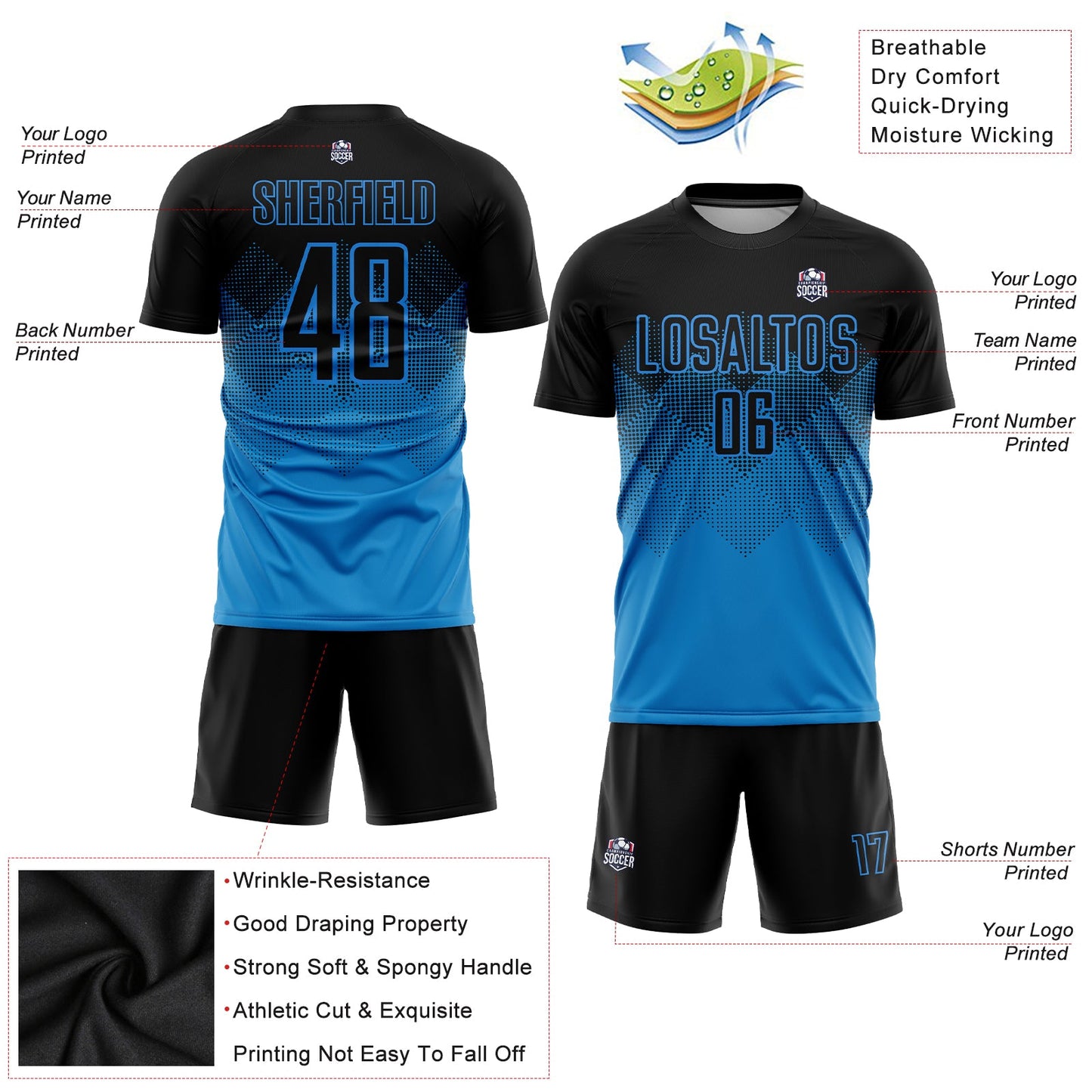 Custom Blue Black Sublimation Soccer Uniform Jersey - Sky-Custom