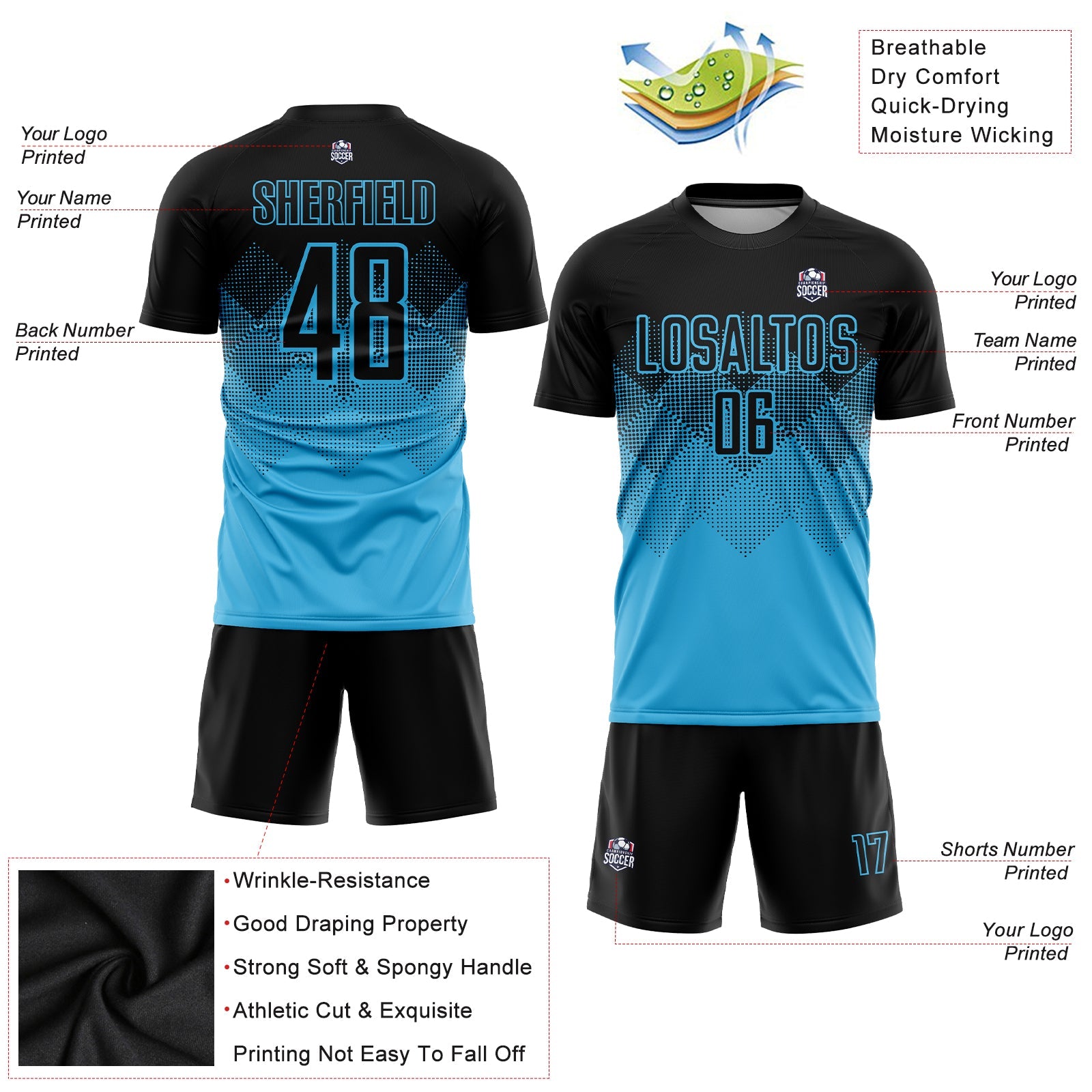 Custom Sky Blue Black Sublimation Soccer Uniform Jersey - Sky-Custom