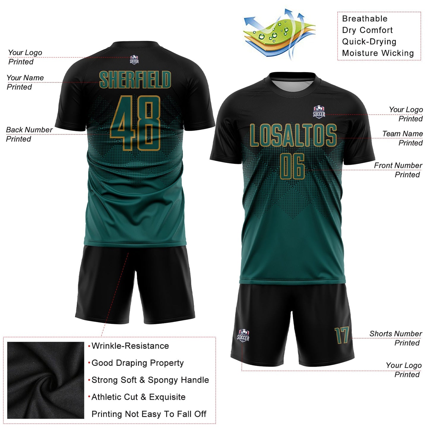 Custom Black Midnight Green-Old Gold Sublimation Soccer Uniform Jersey - Sky-Custom