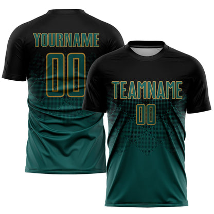 Custom Black Midnight Green-Old Gold Sublimation Soccer Uniform Jersey - Sky-Custom