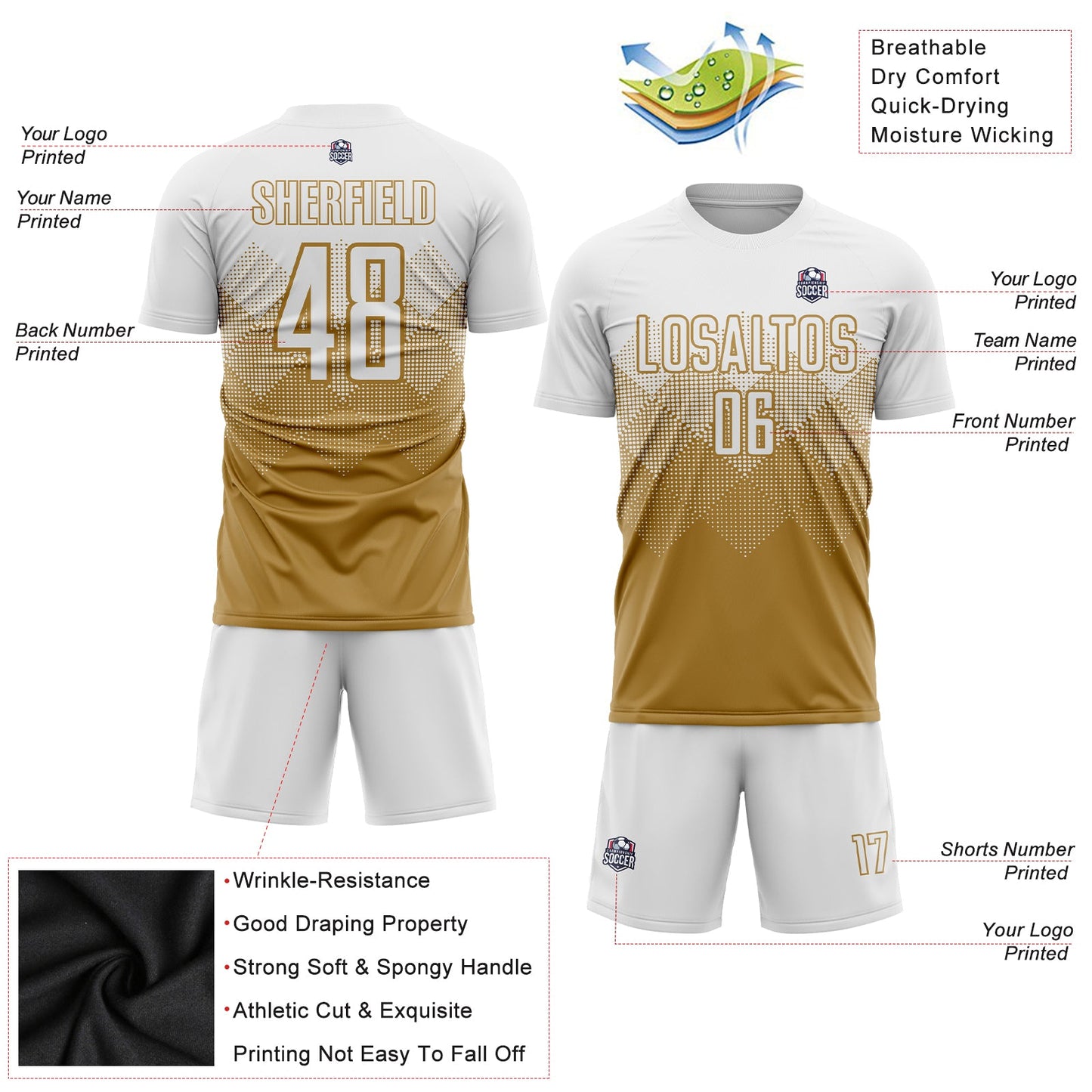 Custom Old Gold White Sublimation Soccer Uniform Jersey - Sky-Custom