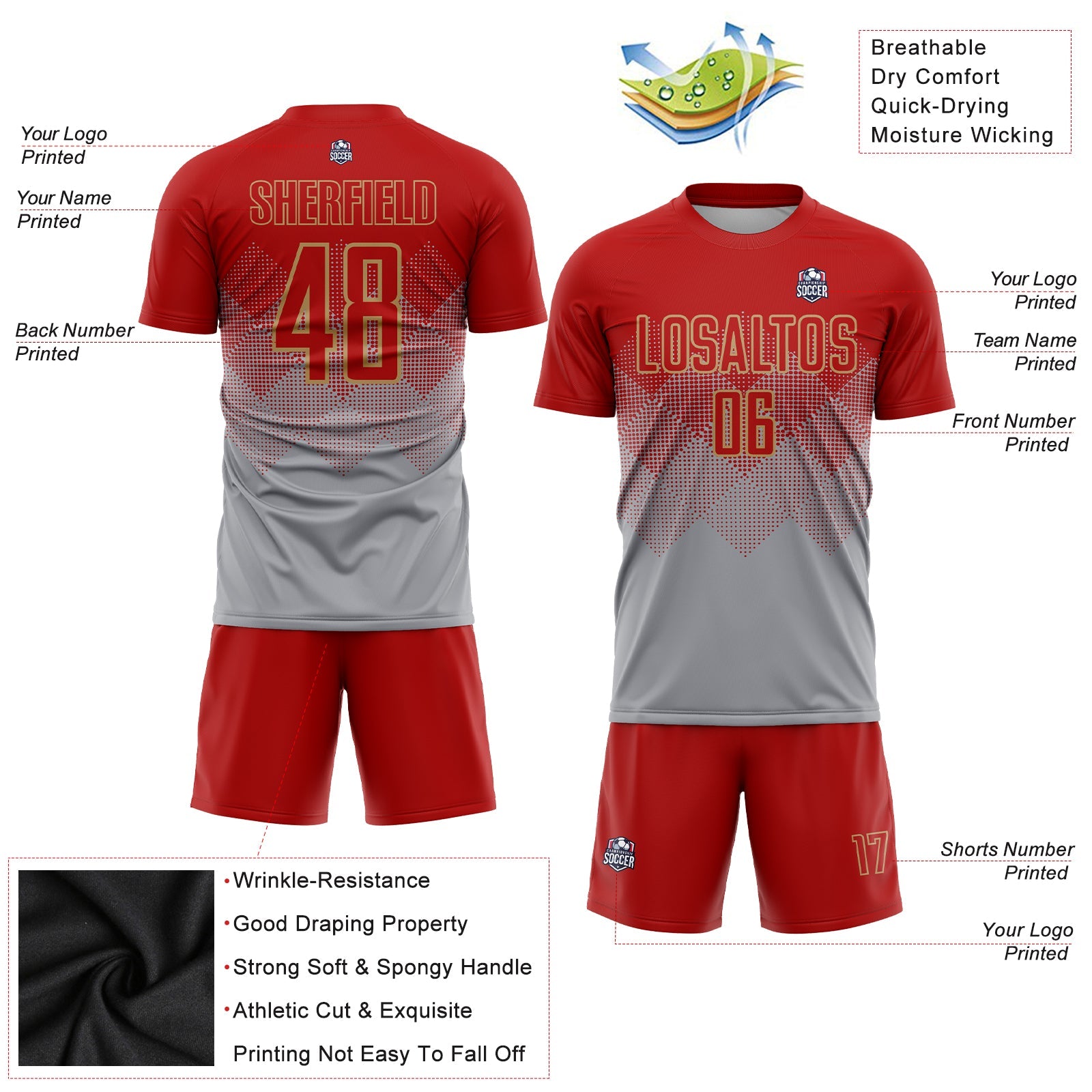 Custom Gray Red-Old Gold Sublimation Soccer Uniform Jersey - Sky-Custom