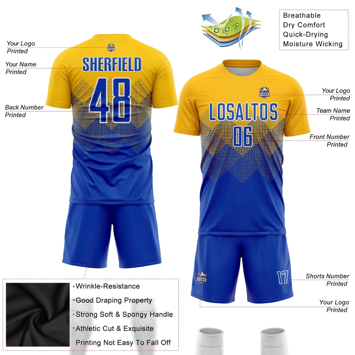 Custom Gold Royal-White Sublimation Soccer Uniform Jersey - Sky-Custom