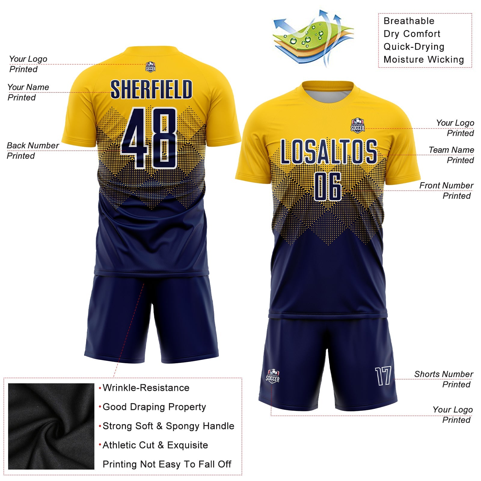 Custom Gold Navy-White Sublimation Soccer Uniform Jersey - Sky-Custom