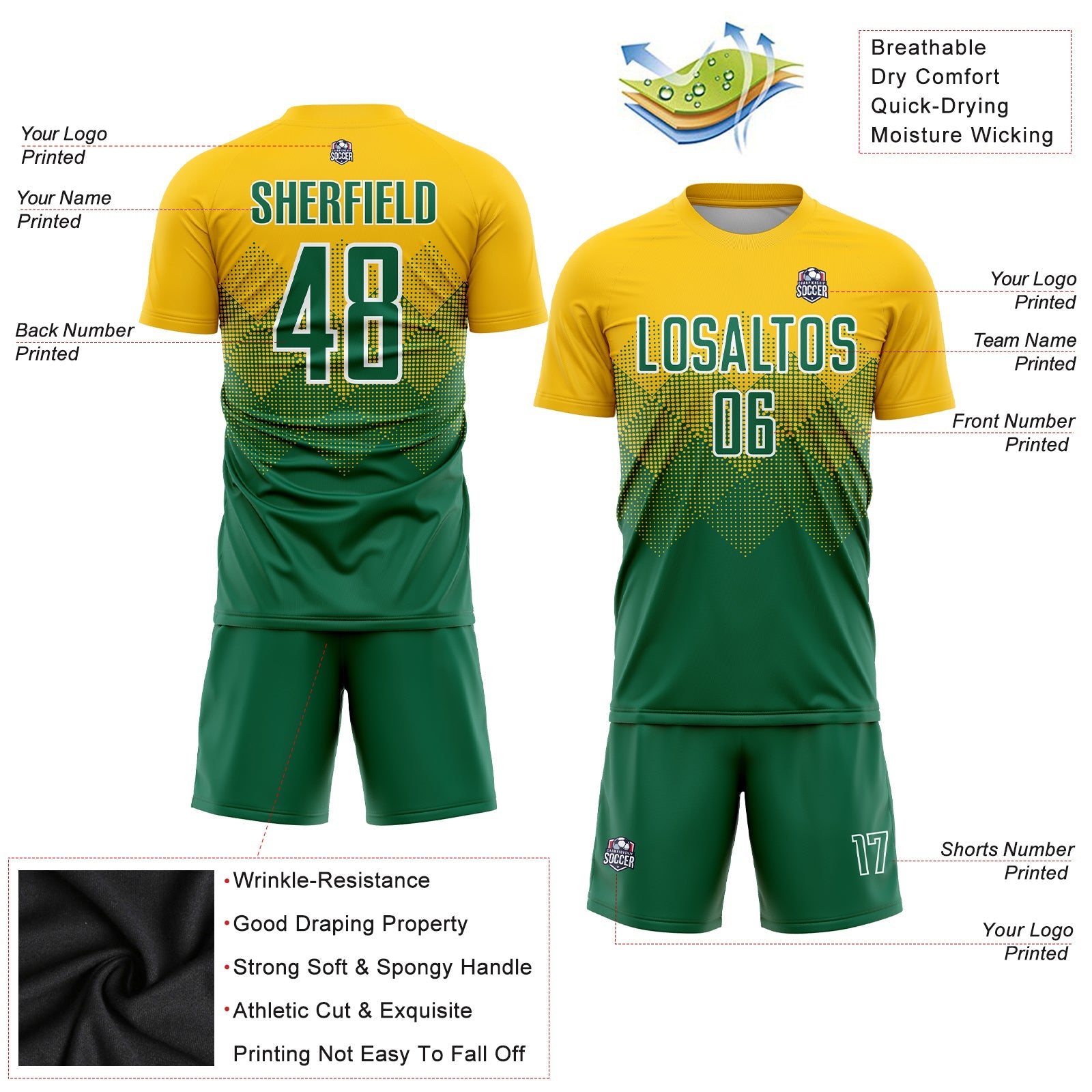 Custom Gold Kelly Green-White Sublimation Soccer Uniform Jersey - Sky-Custom