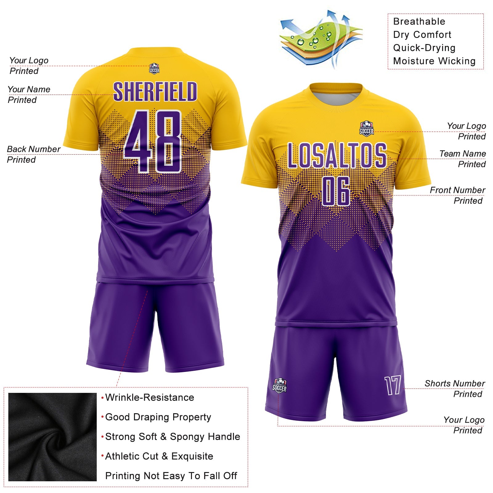 Custom Gold Purple-White Sublimation Soccer Uniform Jersey - Sky-Custom
