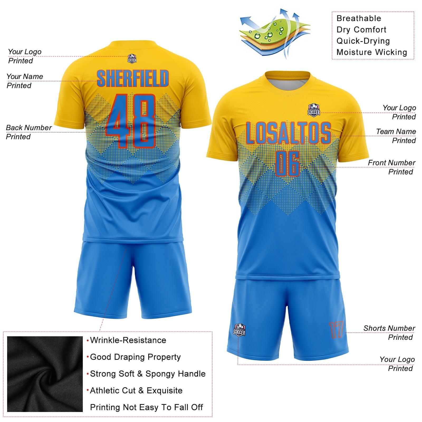 Custom Gold Powder Blue-Orange Sublimation Soccer Uniform Jersey - Sky-Custom