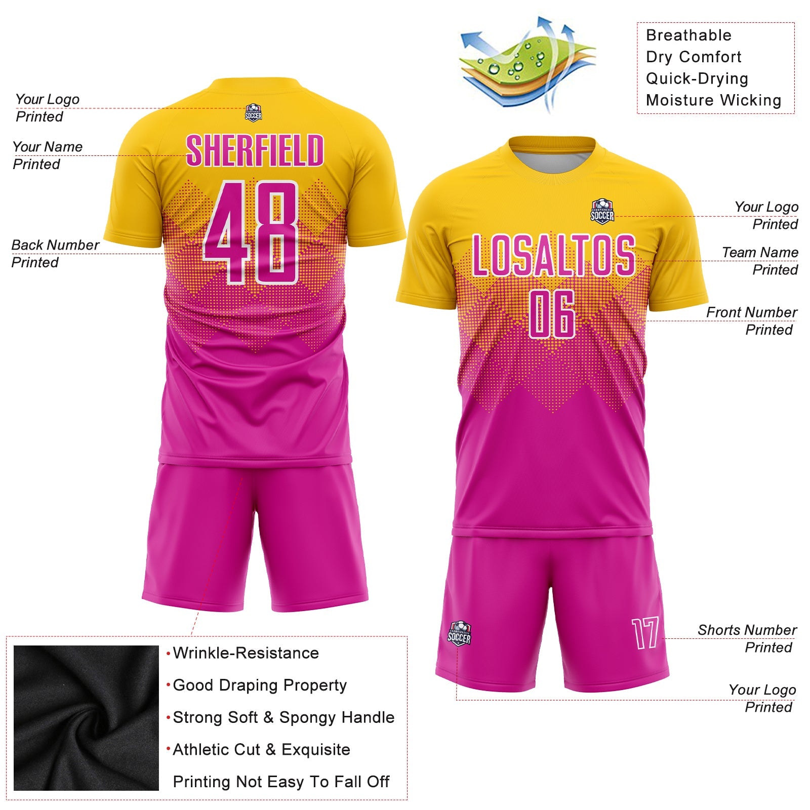 Custom Gold Deep Pink-White Sublimation Soccer Uniform Jersey - Sky-Custom
