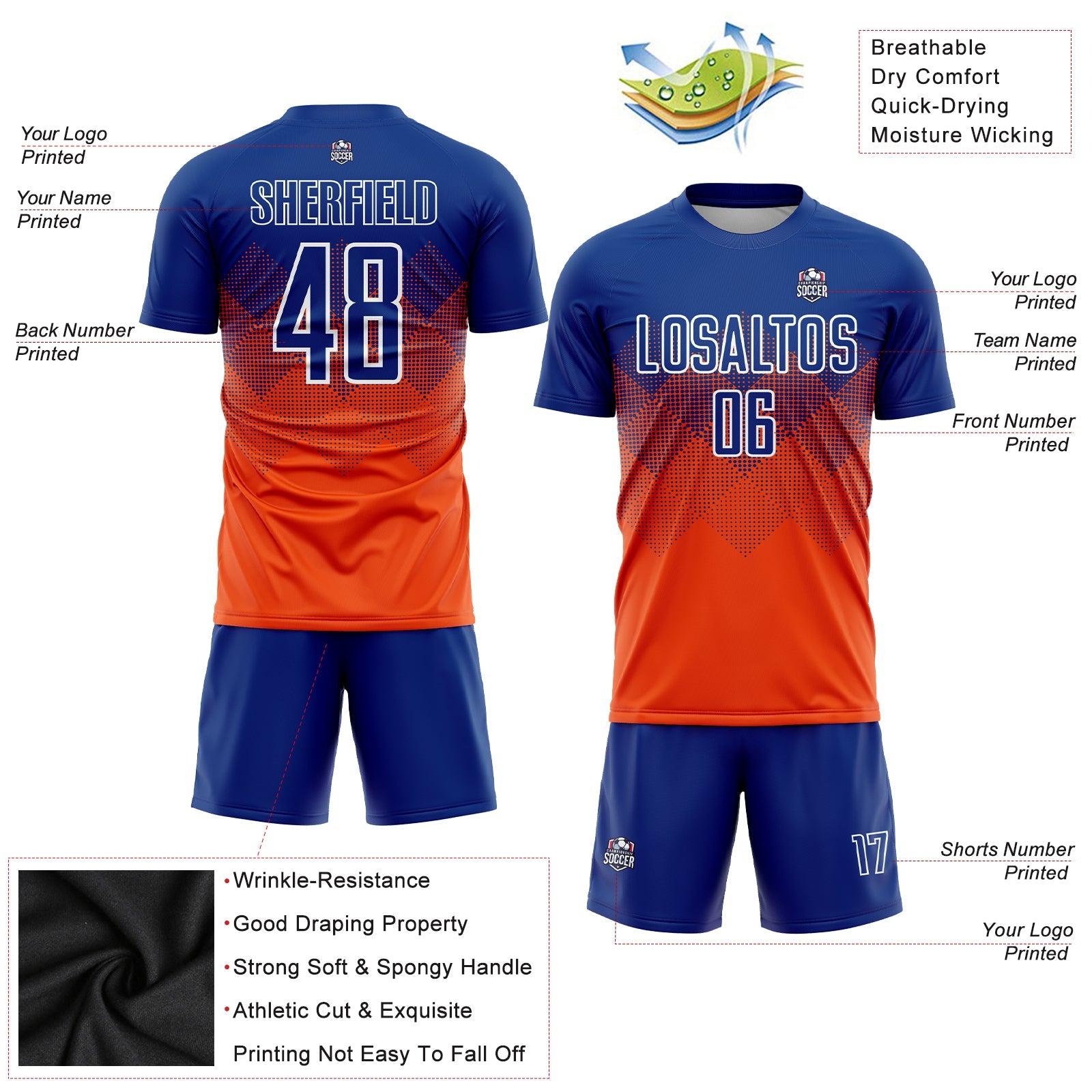 Custom Orange Royal-White Sublimation Soccer Uniform Jersey - Sky-Custom