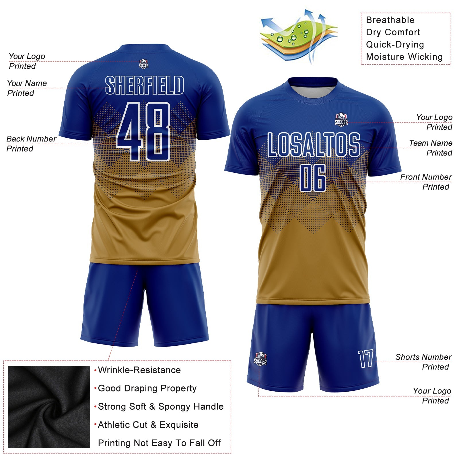 Custom Old Gold Royal-White Sublimation Soccer Uniform Jersey - Sky-Custom