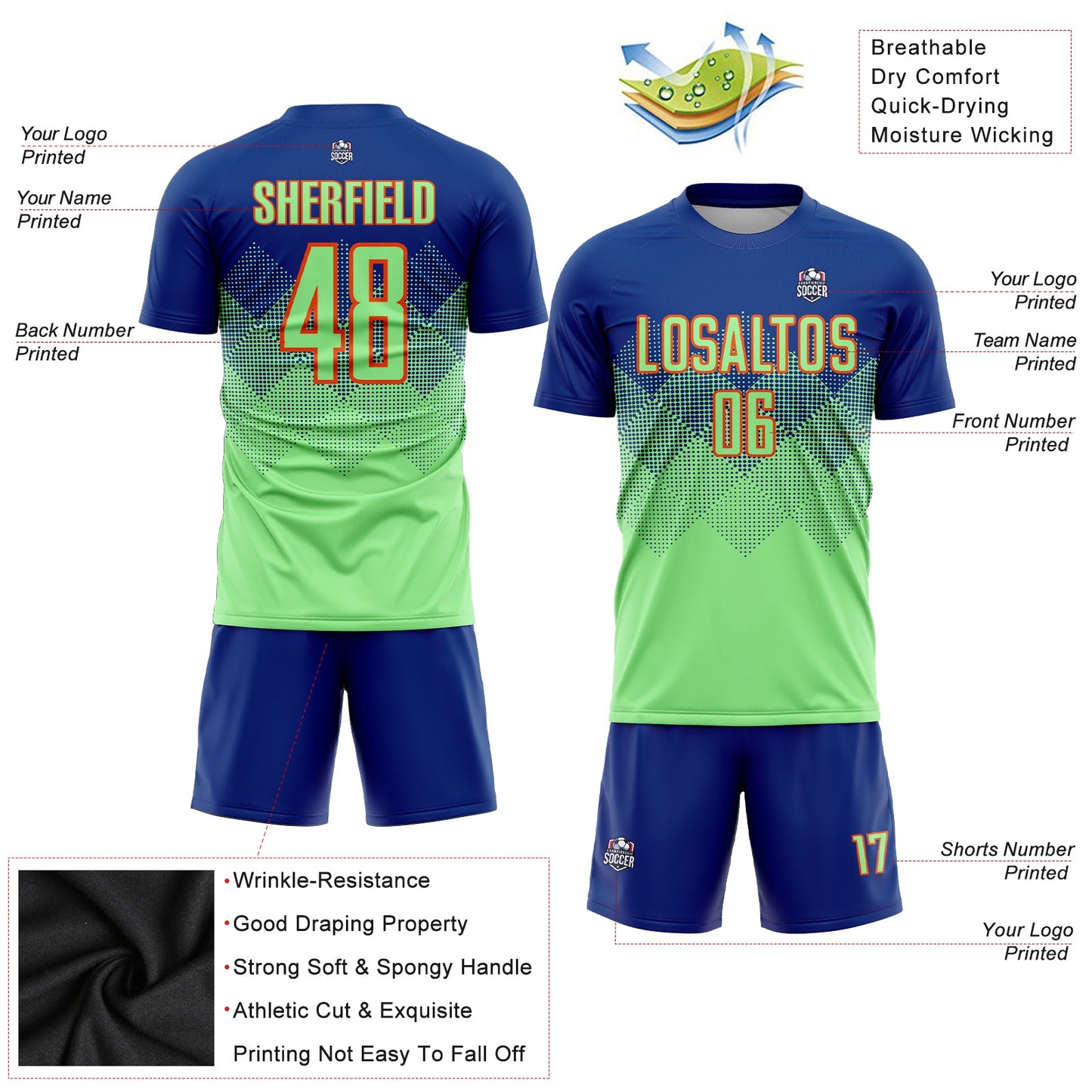 Custom Royal Pea Green-Orange Sublimation Soccer Uniform Jersey - Sky-Custom