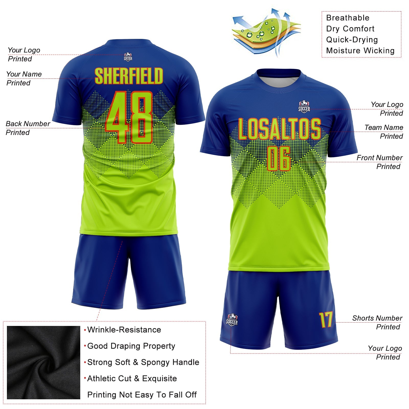 Custom Royal Neon Green-Orange Sublimation Soccer Uniform Jersey - Sky-Custom
