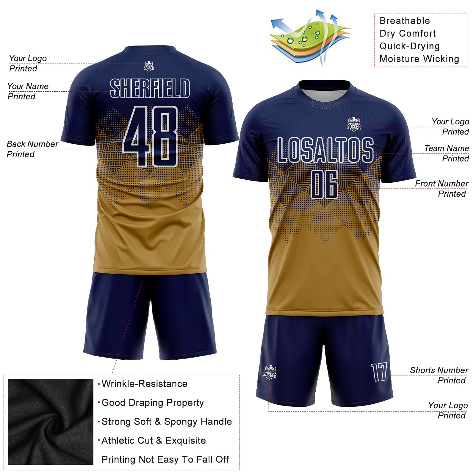 Custom Old Gold Navy-White Sublimation Soccer Uniform Jersey - Sky-Custom