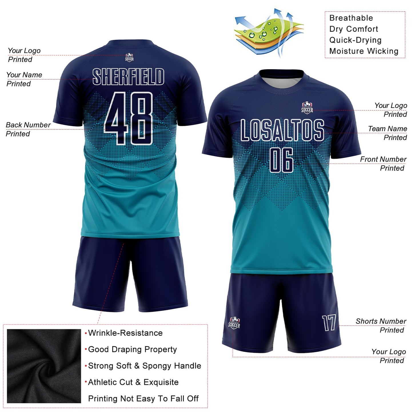 Custom Teal Navy-White Sublimation Soccer Uniform Jersey - Sky-Custom