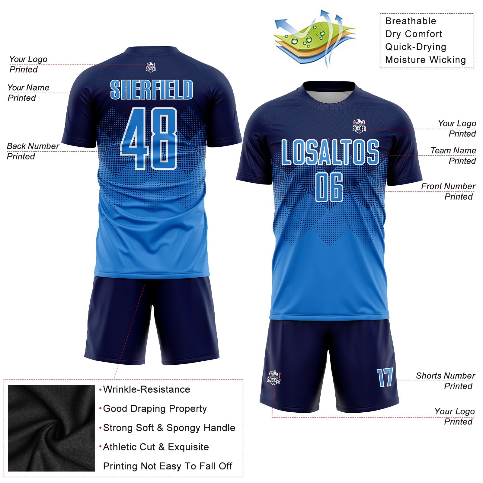 Custom Navy Powder Blue-White Sublimation Soccer Uniform Jersey - Sky-Custom