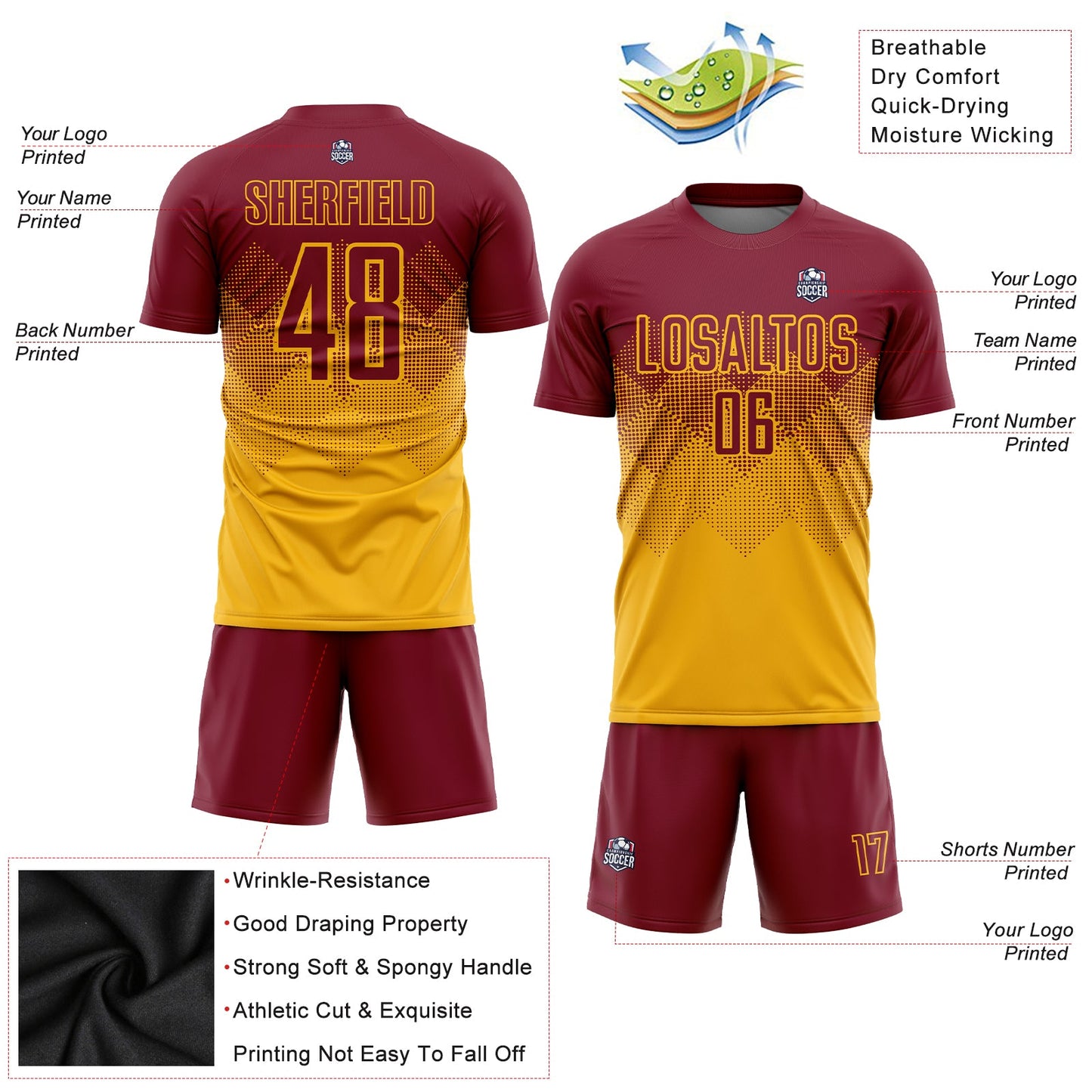 Custom Gold Crimson Sublimation Soccer Uniform Jersey - Sky-Custom