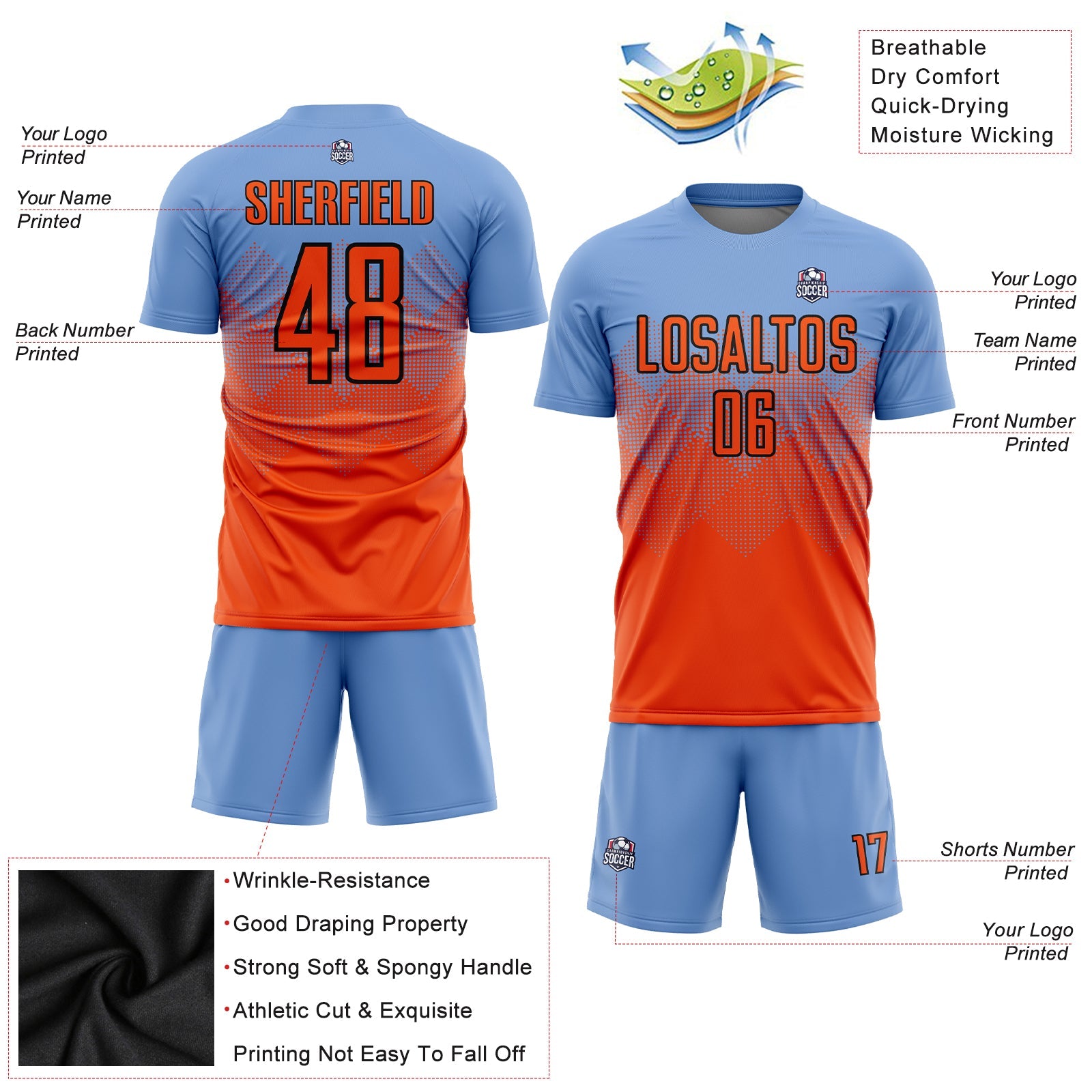 Custom Light Blue Orange-Black Sublimation Soccer Uniform Jersey - Sky-Custom