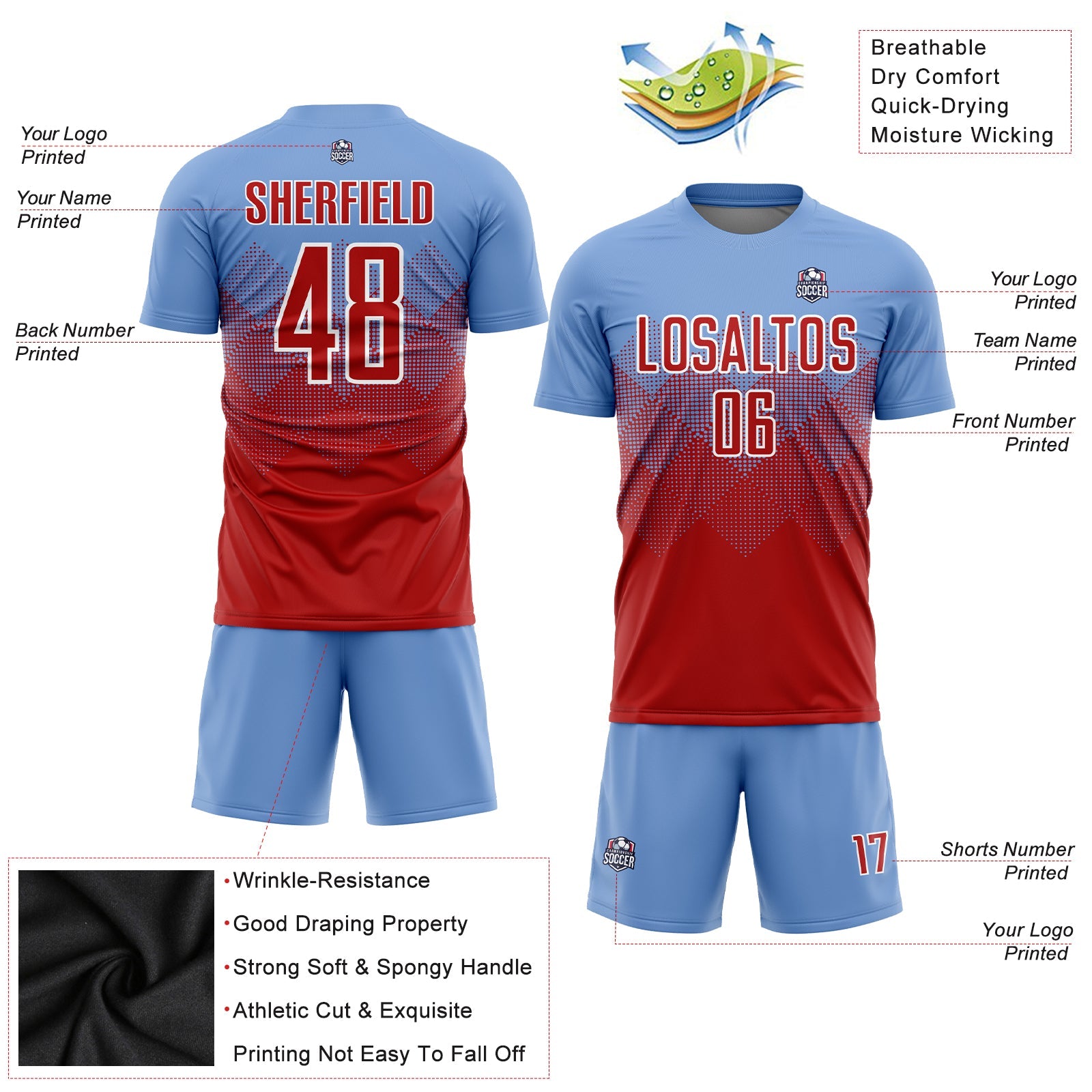 Custom Light Blue Red-White Sublimation Soccer Uniform Jersey - Sky-Custom