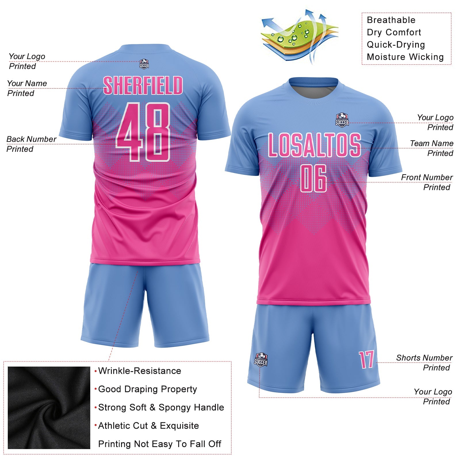 Custom Light Blue Pink-White Sublimation Soccer Uniform Jersey - Sky-Custom