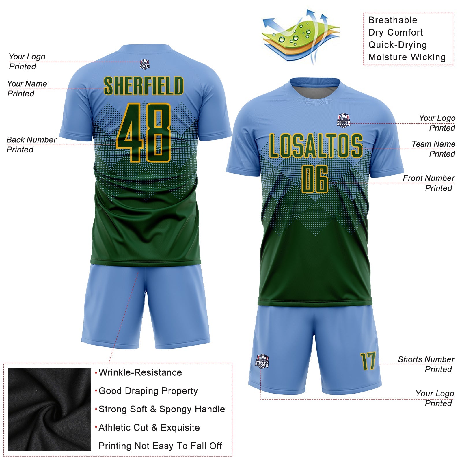 Custom Light Blue Green-Gold Sublimation Soccer Uniform Jersey - Sky-Custom