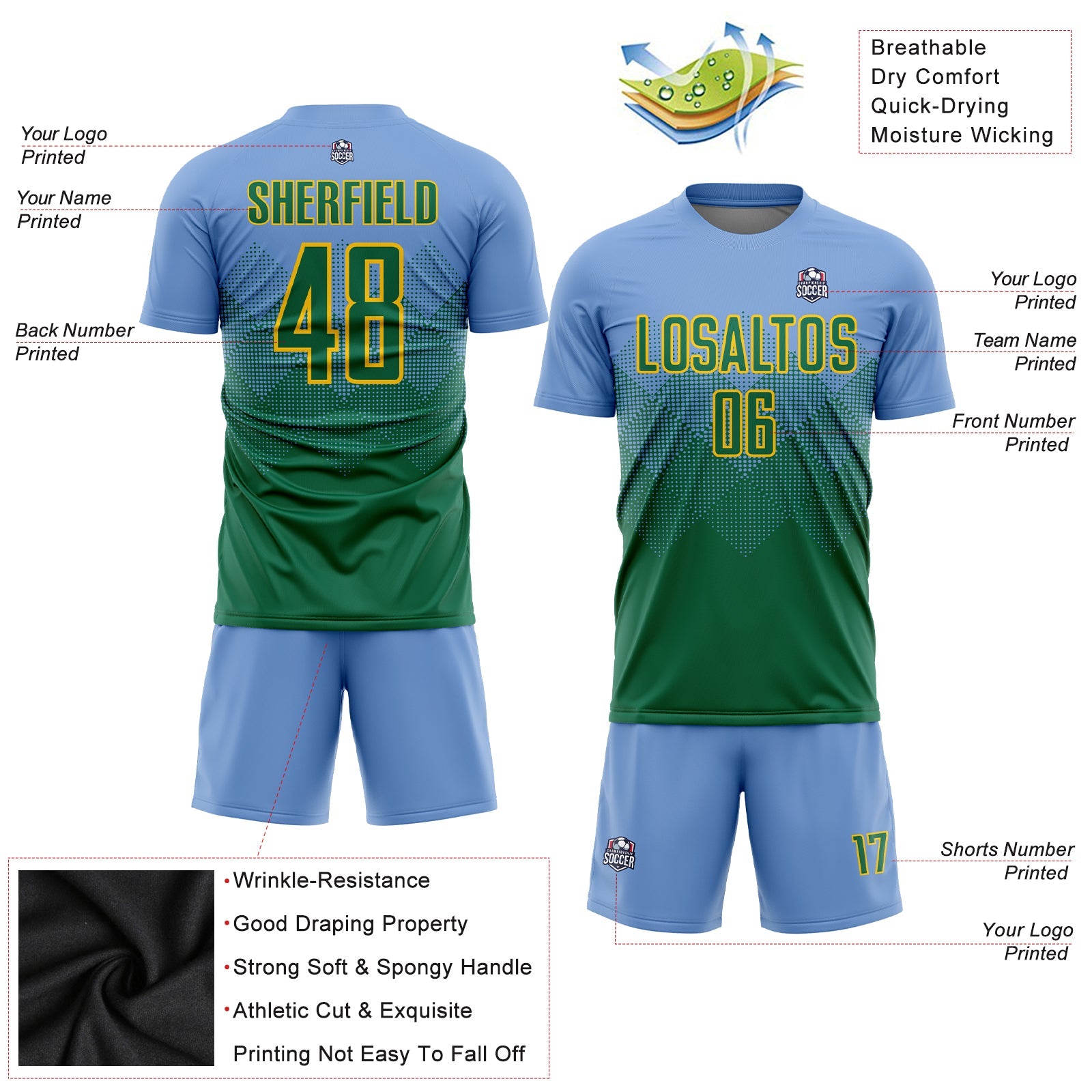 Custom Light Blue Kelly Green-Gold Sublimation Soccer Uniform Jersey - Sky-Custom