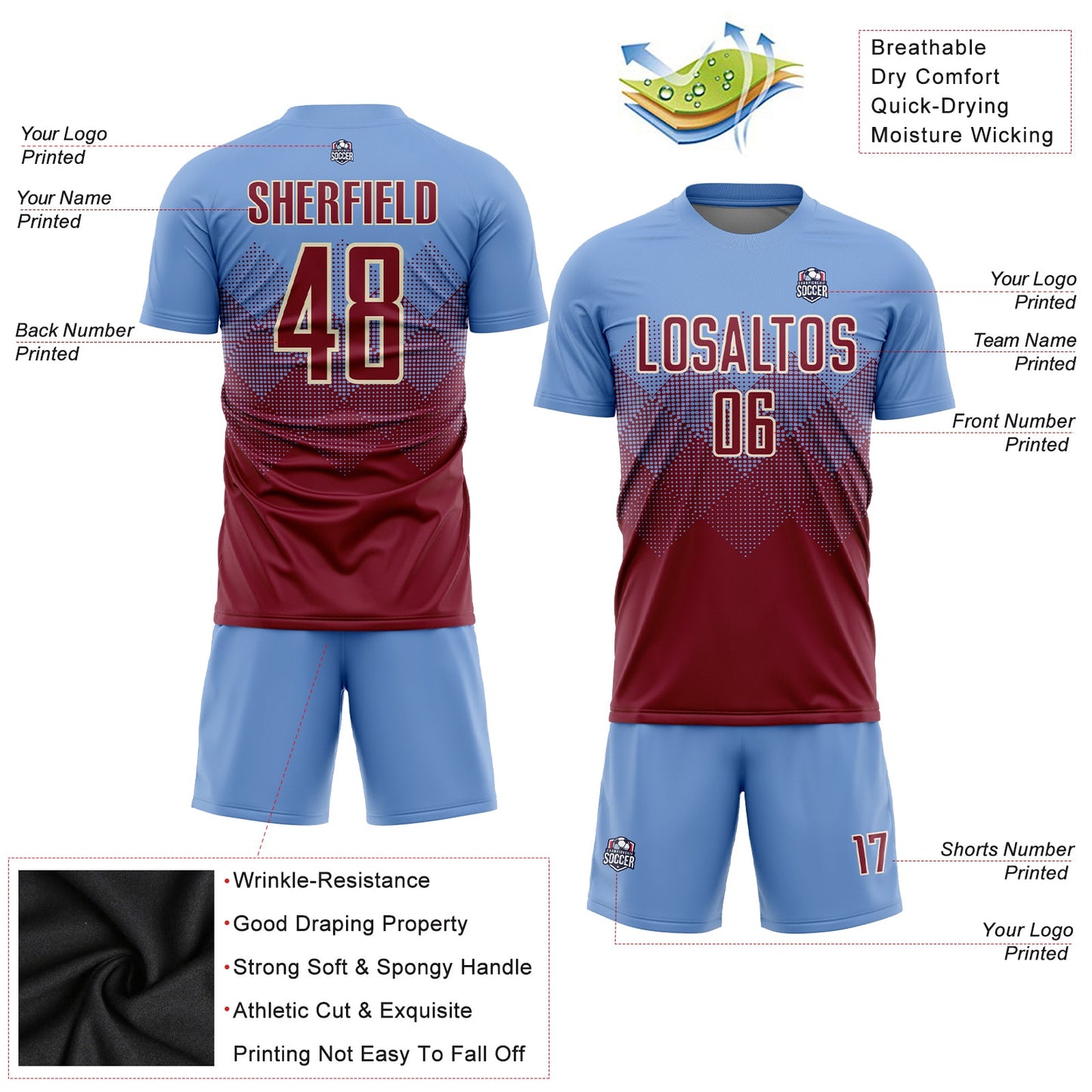 Custom Light Blue Crimson-Cream Sublimation Soccer Uniform Jersey - Sky-Custom