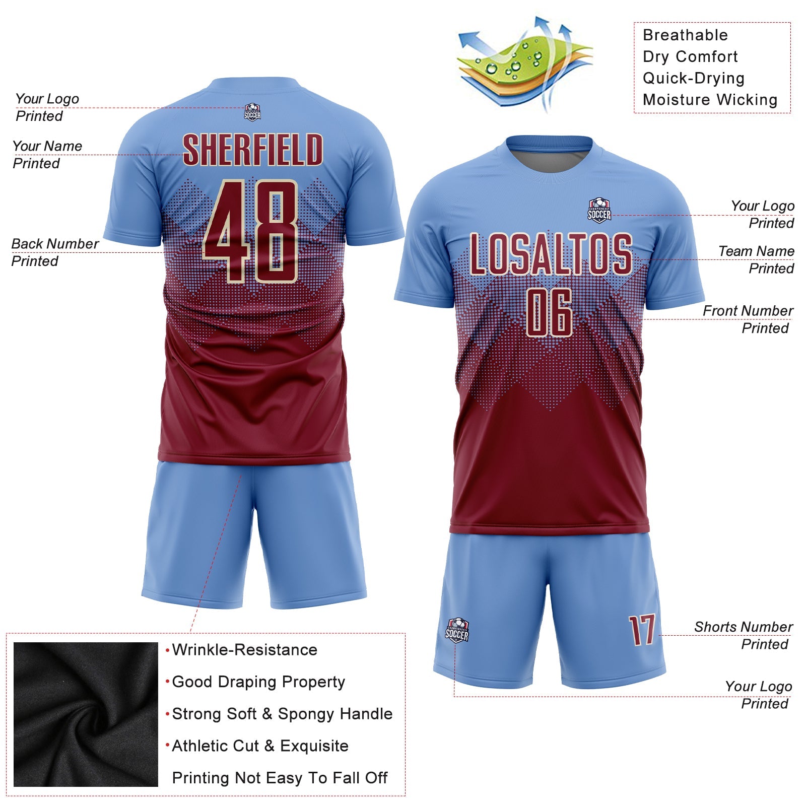 Custom Light Blue Crimson-Cream Sublimation Soccer Uniform Jersey - Sky-Custom