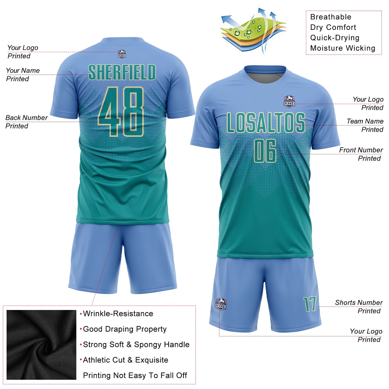 Custom Light Blue Teal-Cream Sublimation Soccer Uniform Jersey - Sky-Custom