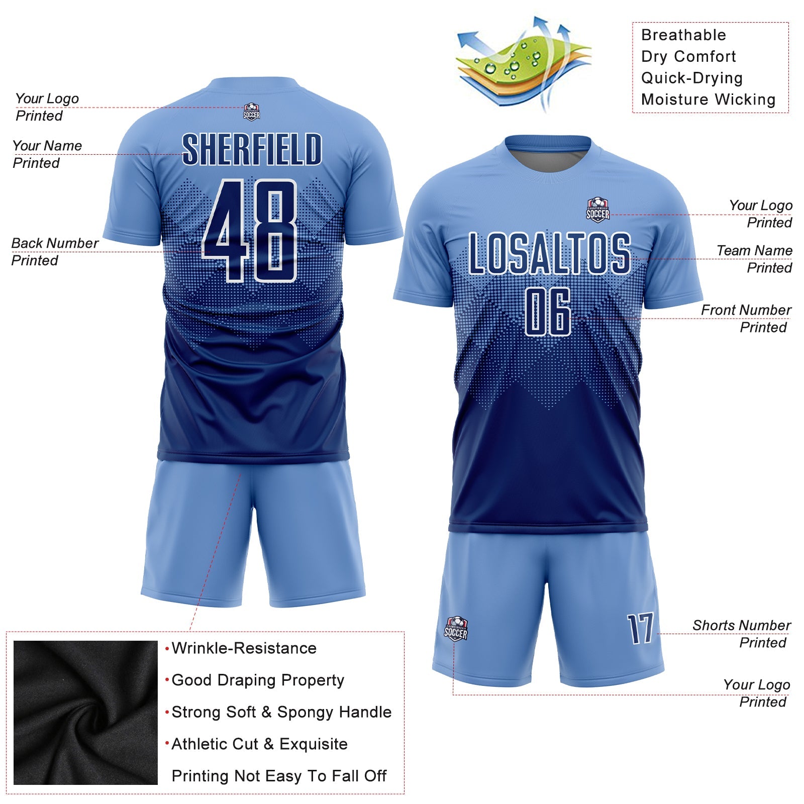 Custom Light Blue Navy-White Sublimation Soccer Uniform Jersey - Sky-Custom