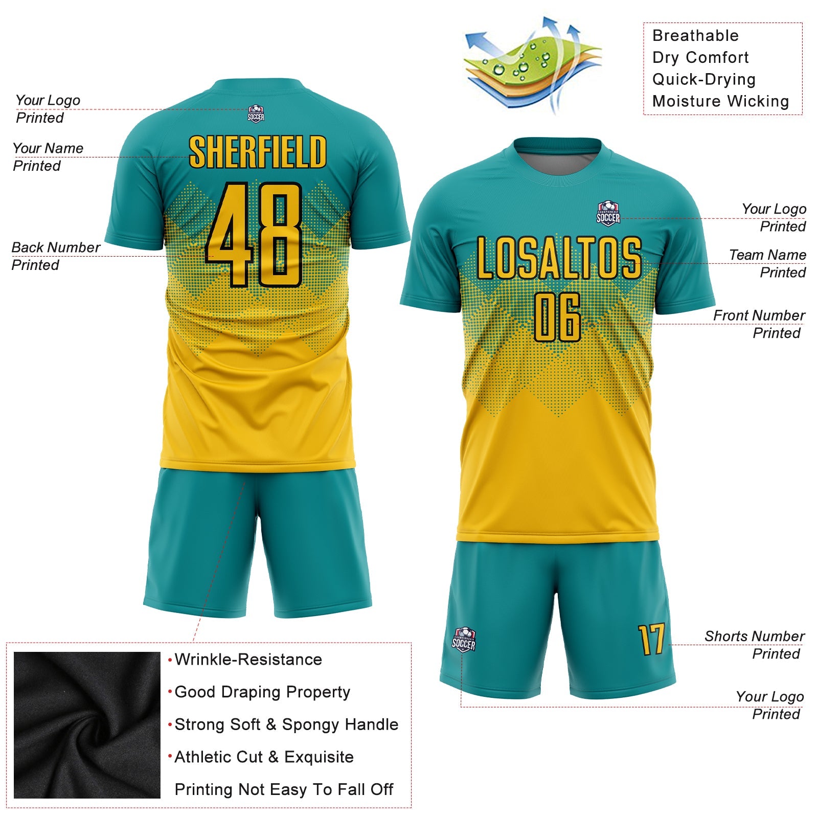 Custom Teal Gold-Black Sublimation Soccer Uniform Jersey - Sky-Custom