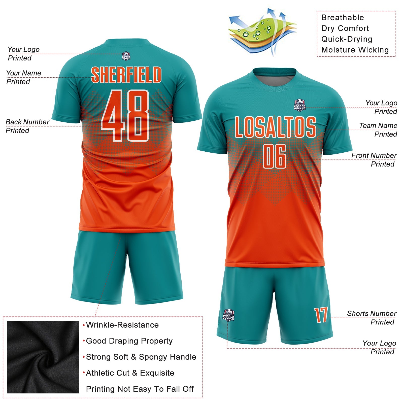 Custom Teal Orange-White Sublimation Soccer Uniform Jersey - Sky-Custom