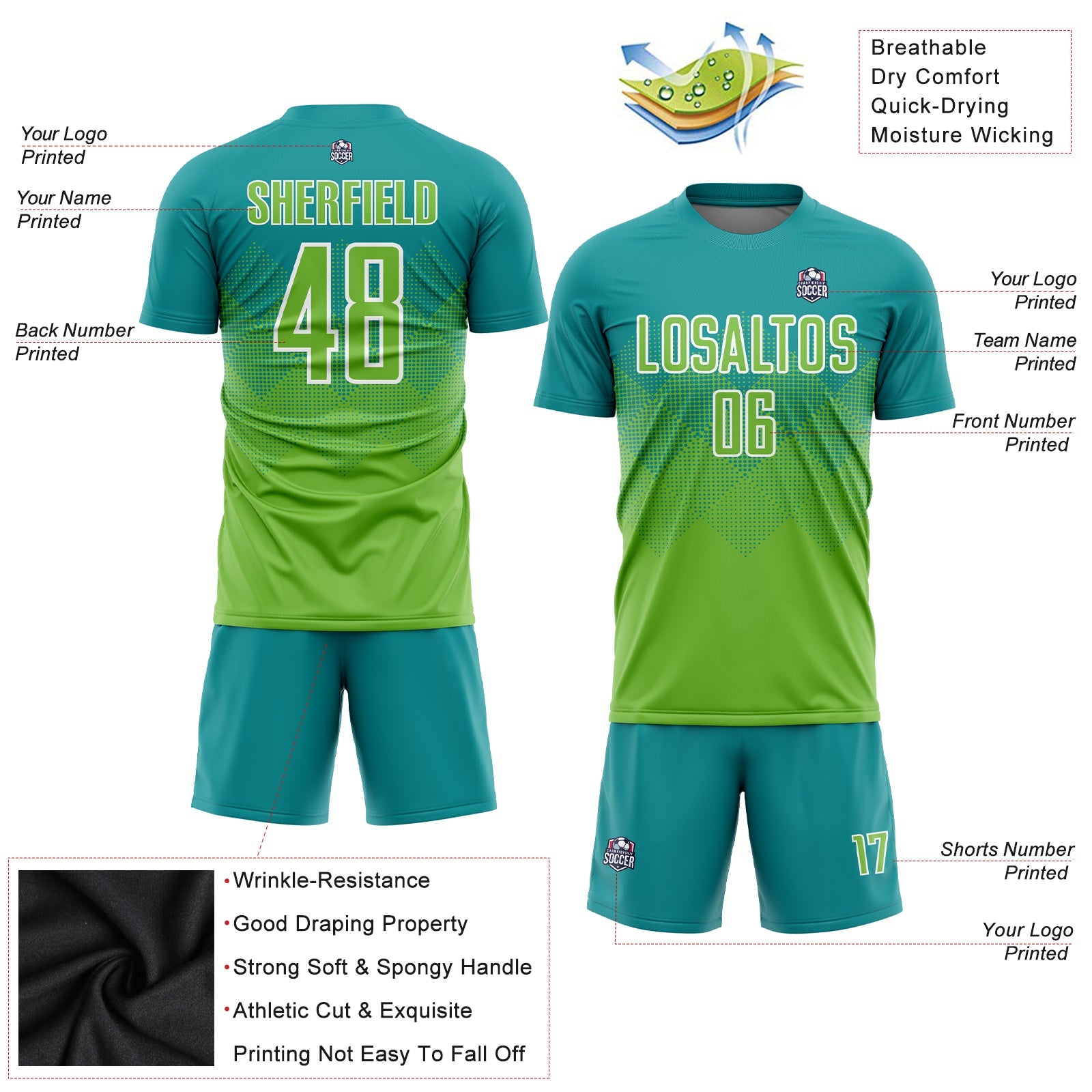 Custom Teal Neon Green-White Sublimation Soccer Uniform Jersey - Sky-Custom