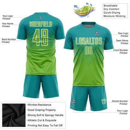 Custom Teal Neon Green-White Sublimation Soccer Uniform Jersey - Sky-Custom