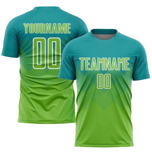 Custom Teal Neon Green-White Sublimation Soccer Uniform Jersey - Sky-Custom