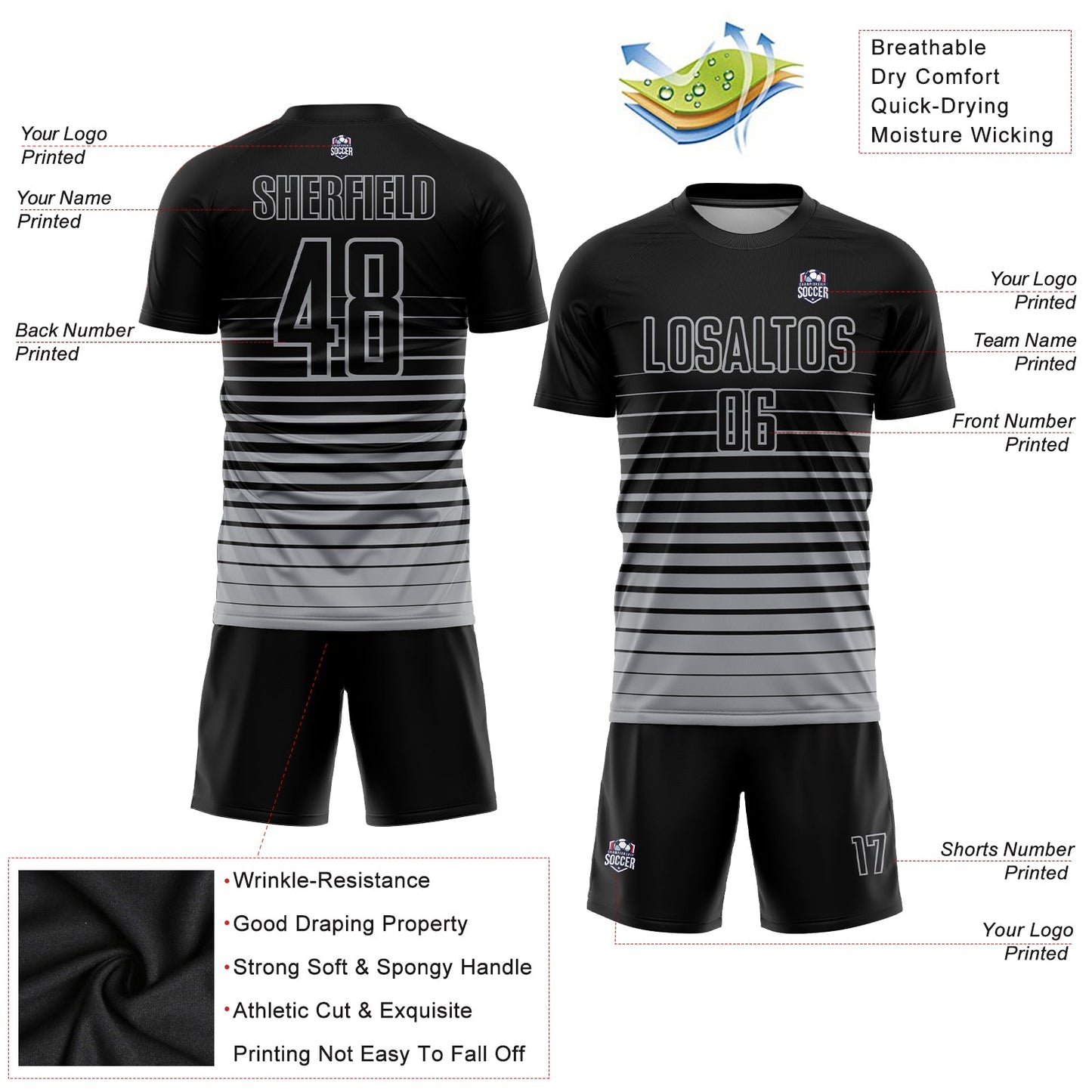 Custom Black Gray Pinstripe Fade Fashion Sublimation Soccer Uniform Jersey - Sky-Custom
