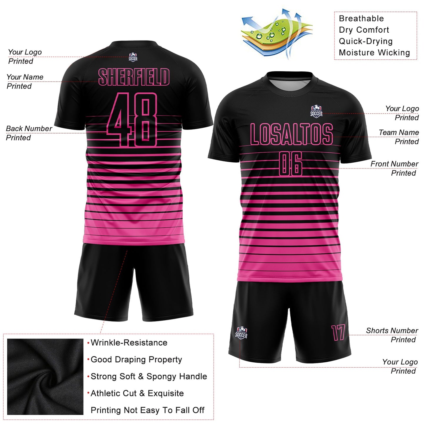 Custom Black Pink Pinstripe Fade Fashion Sublimation Soccer Uniform Jersey - Sky-Custom