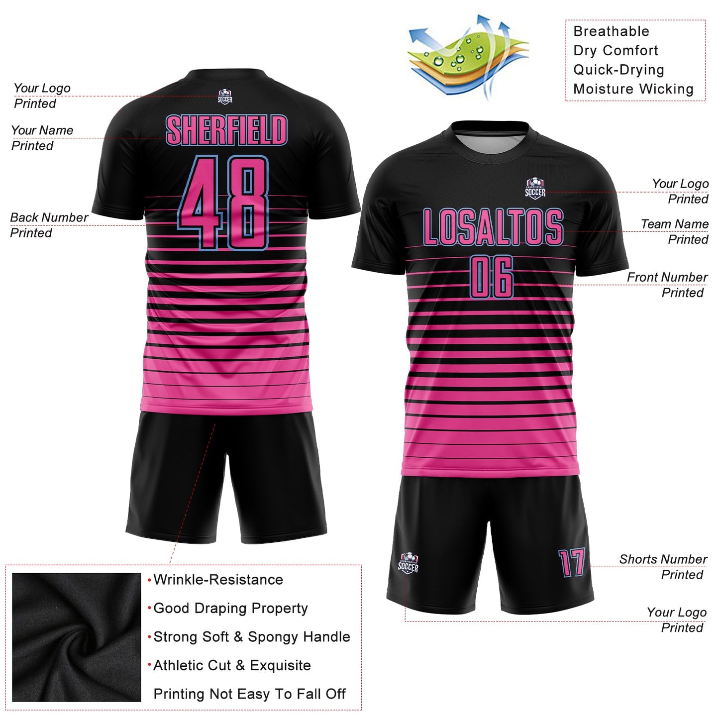 Custom Black Pink-Light Blue Pinstripe Fade Fashion Sublimation Soccer Uniform Jersey - Sky-Custom