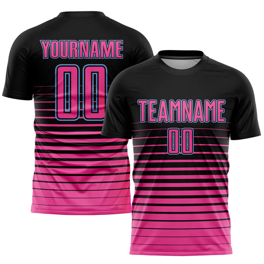 Custom Black Pink-Light Blue Pinstripe Fade Fashion Sublimation Soccer Uniform Jersey - Sky-Custom