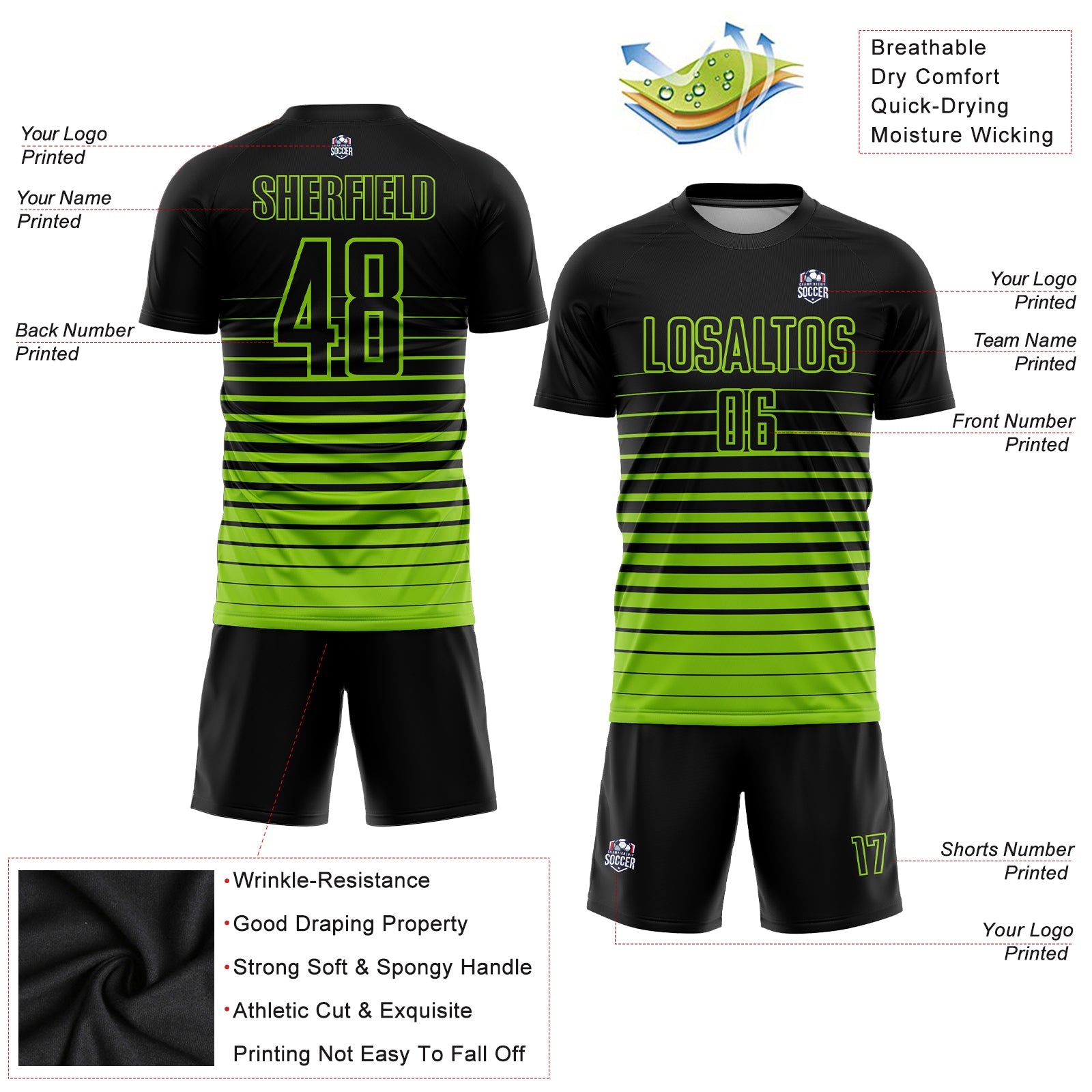 Custom Black Neon Green Pinstripe Fade Fashion Sublimation Soccer Uniform Jersey - Sky-Custom
