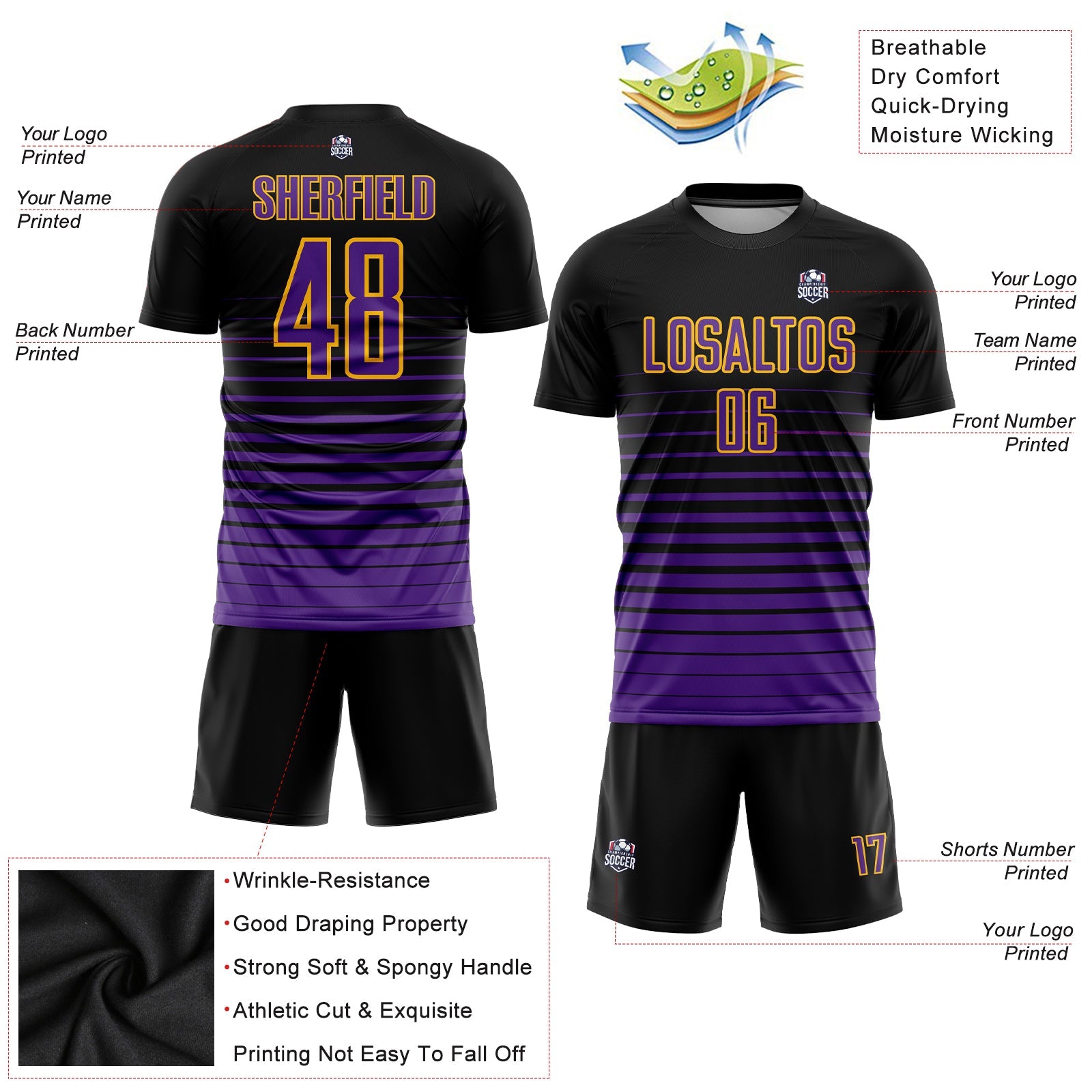 Custom Black Purple-Gold Pinstripe Fade Fashion Sublimation Soccer Uniform Jersey - Sky-Custom