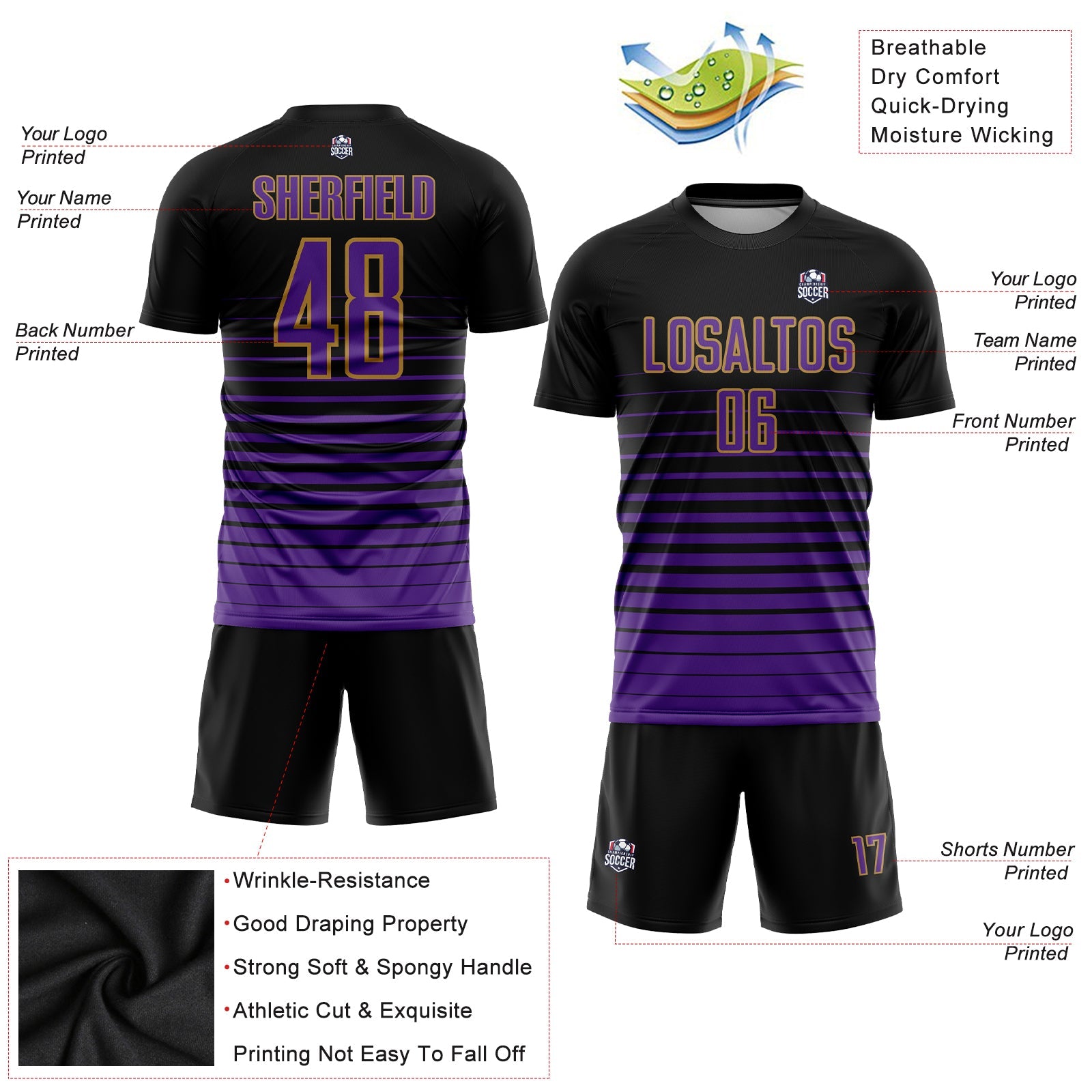Custom Black Purple-Old Gold Pinstripe Fade Fashion Sublimation Soccer Uniform Jersey - Sky-Custom