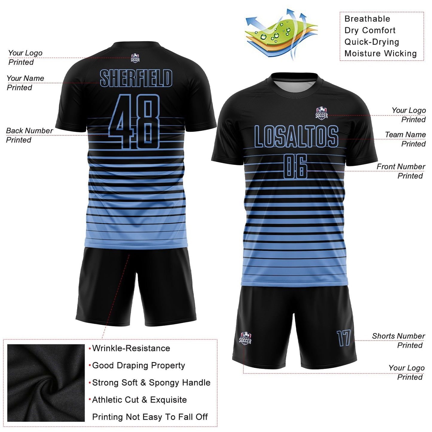 Custom Black Light Blue Pinstripe Fade Fashion Sublimation Soccer Uniform Jersey - Sky-Custom