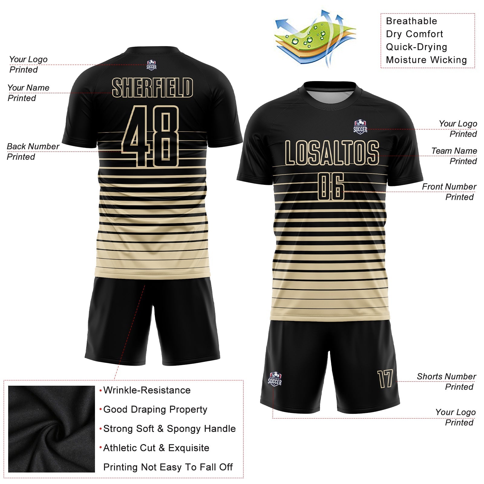 Custom Black Cream Pinstripe Fade Fashion Sublimation Soccer Uniform Jersey - Sky-Custom